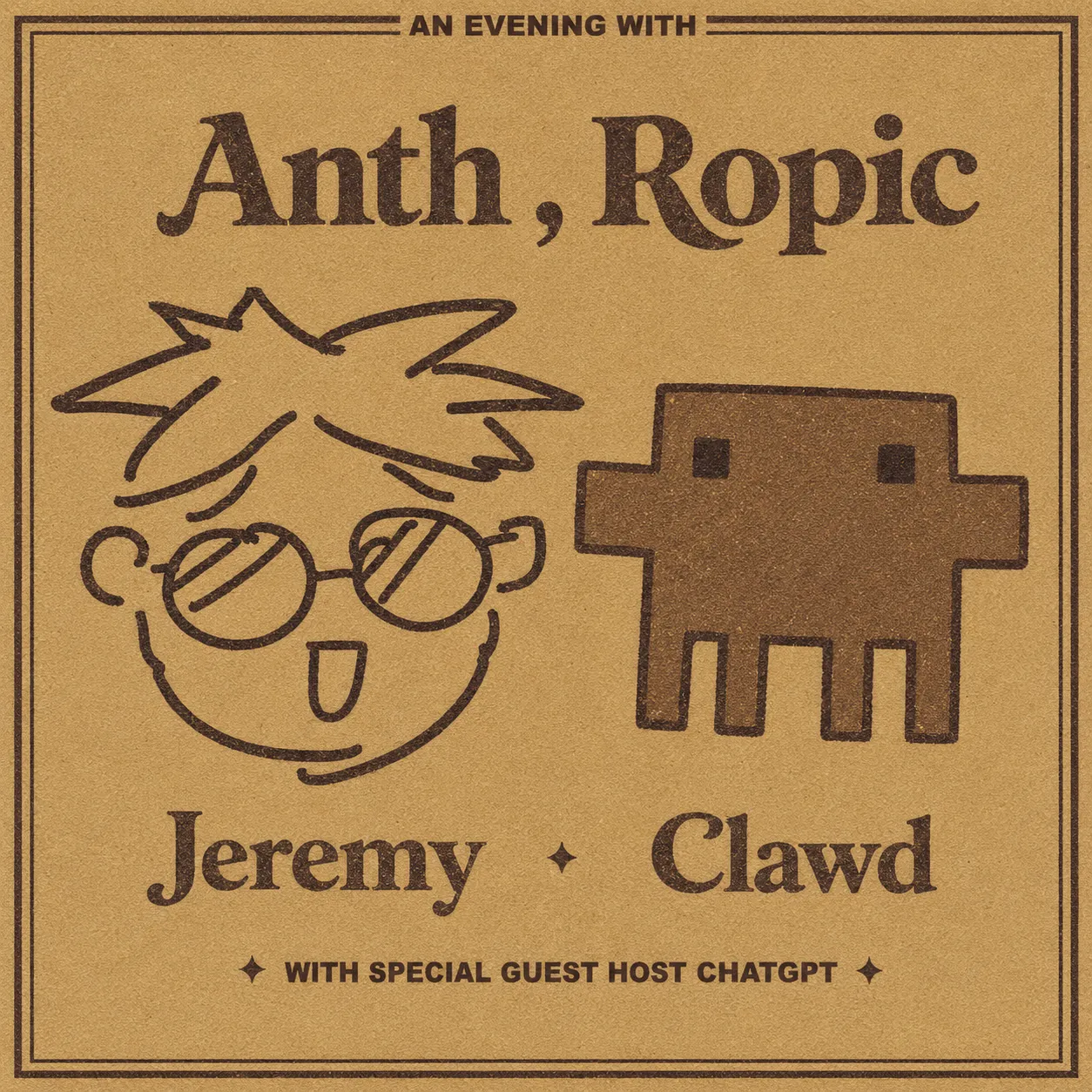 A kraft-paper gig poster, "An evening with Anth, Ropic", showing a line-drawn face in round glasses beside a pixel-art figure, billed as Jeremy and Clawd.