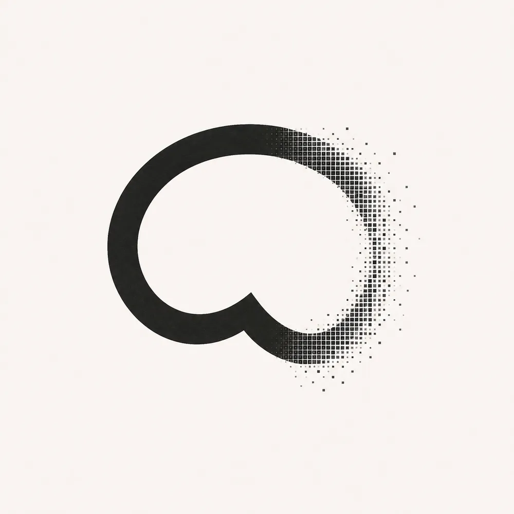 The Baybayin character "Ba", a single heavy black letterform on off-white, its right-hand side breaking up into a grid of small squares that scatters and thins toward the edge of the frame.