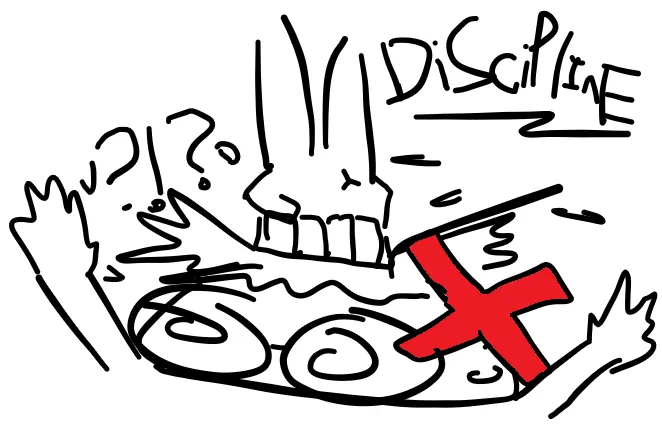 Hand-drawn sketch of a figure turning away from a plate of food, captioned DISCIPLINE.