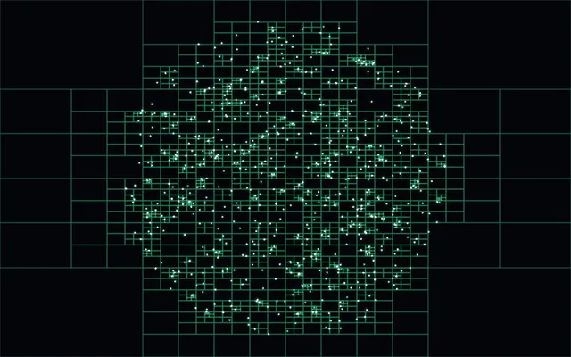 An animated view of the quadtree re-subdividing every frame as a galaxy of specks collapses, the cell boundaries growing dense around the core.